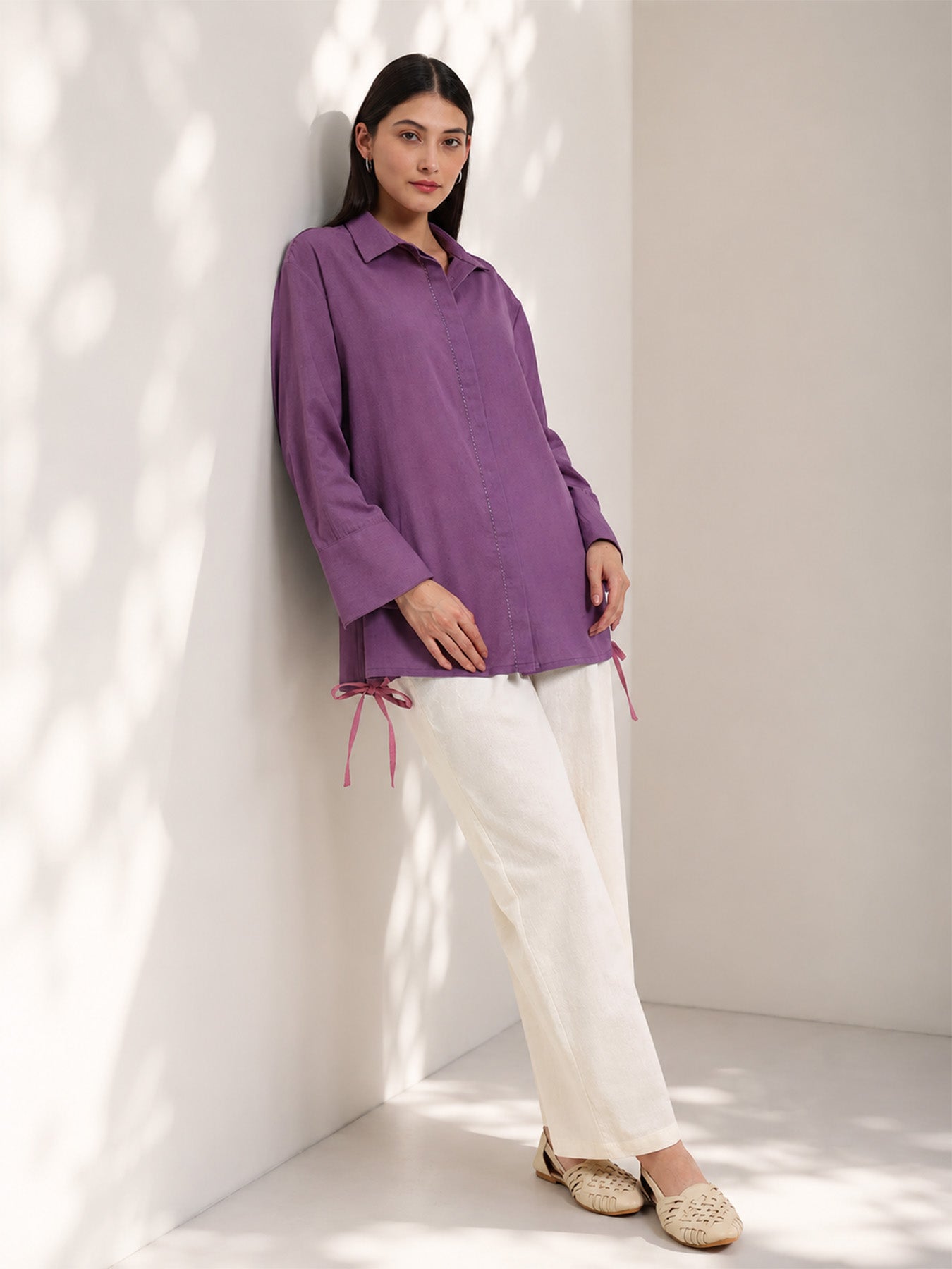 Linen Blend Solid Shirt - Purple