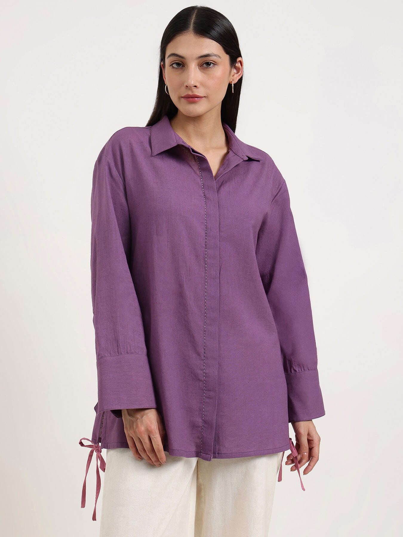 Linen Blend Solid Shirt - Purple