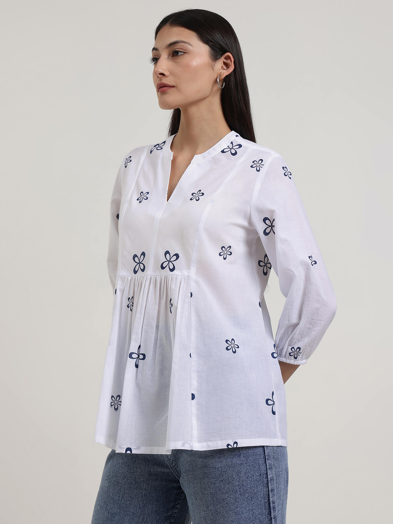 Cotton Floral A-Line Top - Off White