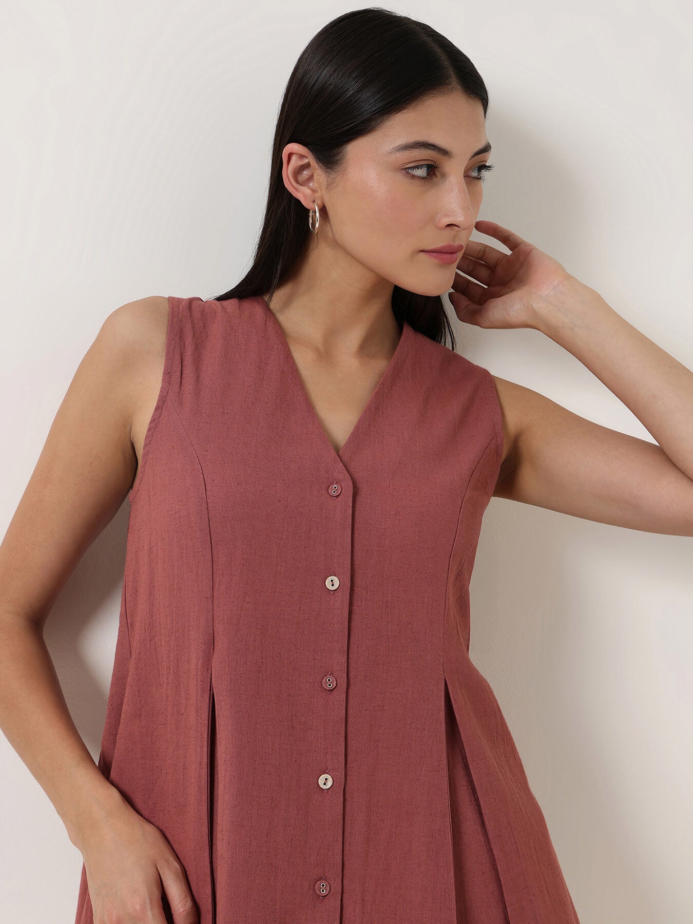 Linen Blend Solid Peplum Top - Rust