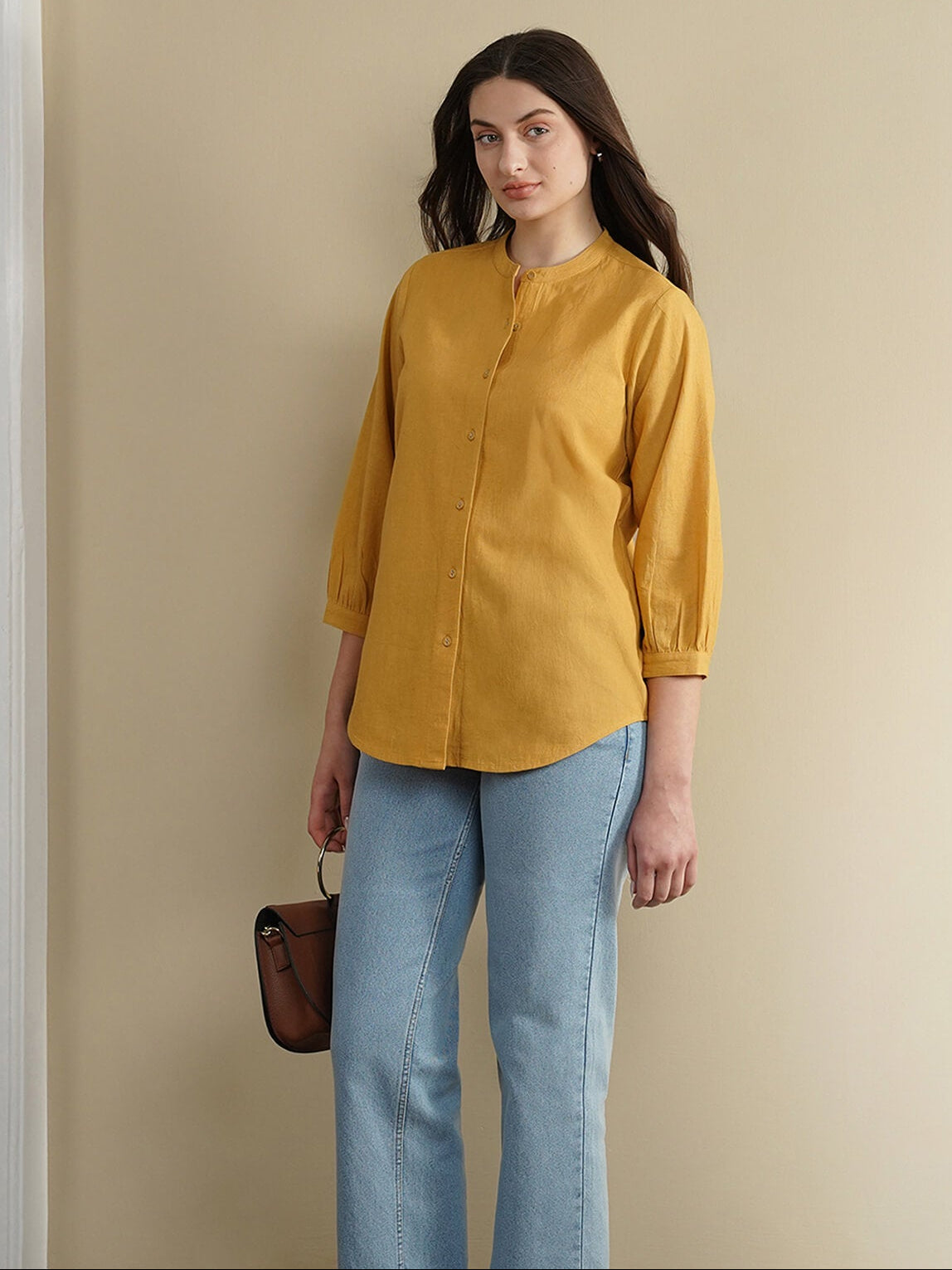 Linen Blend Solid Regular Top - Yellow