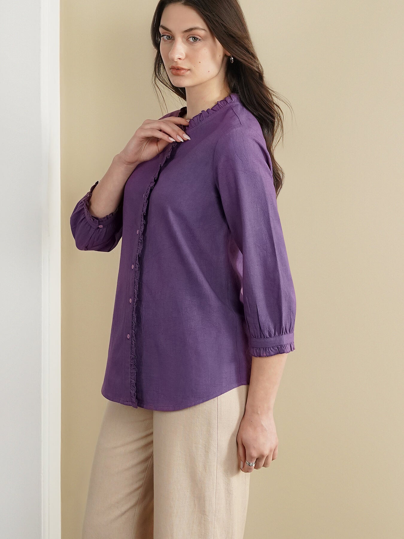 Linen Blend Solid Regular Top - Purple