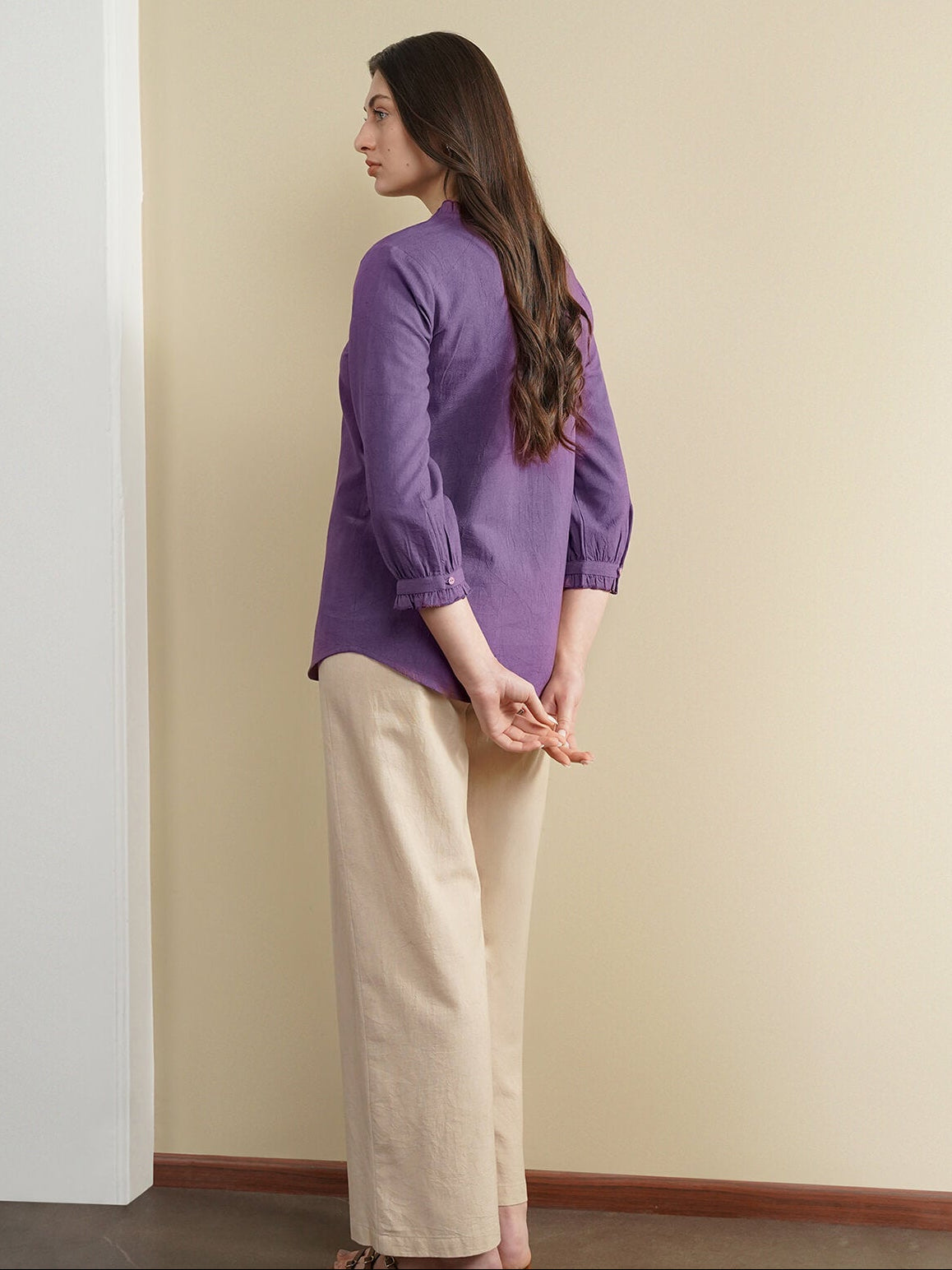Linen Blend Solid Regular Top - Purple
