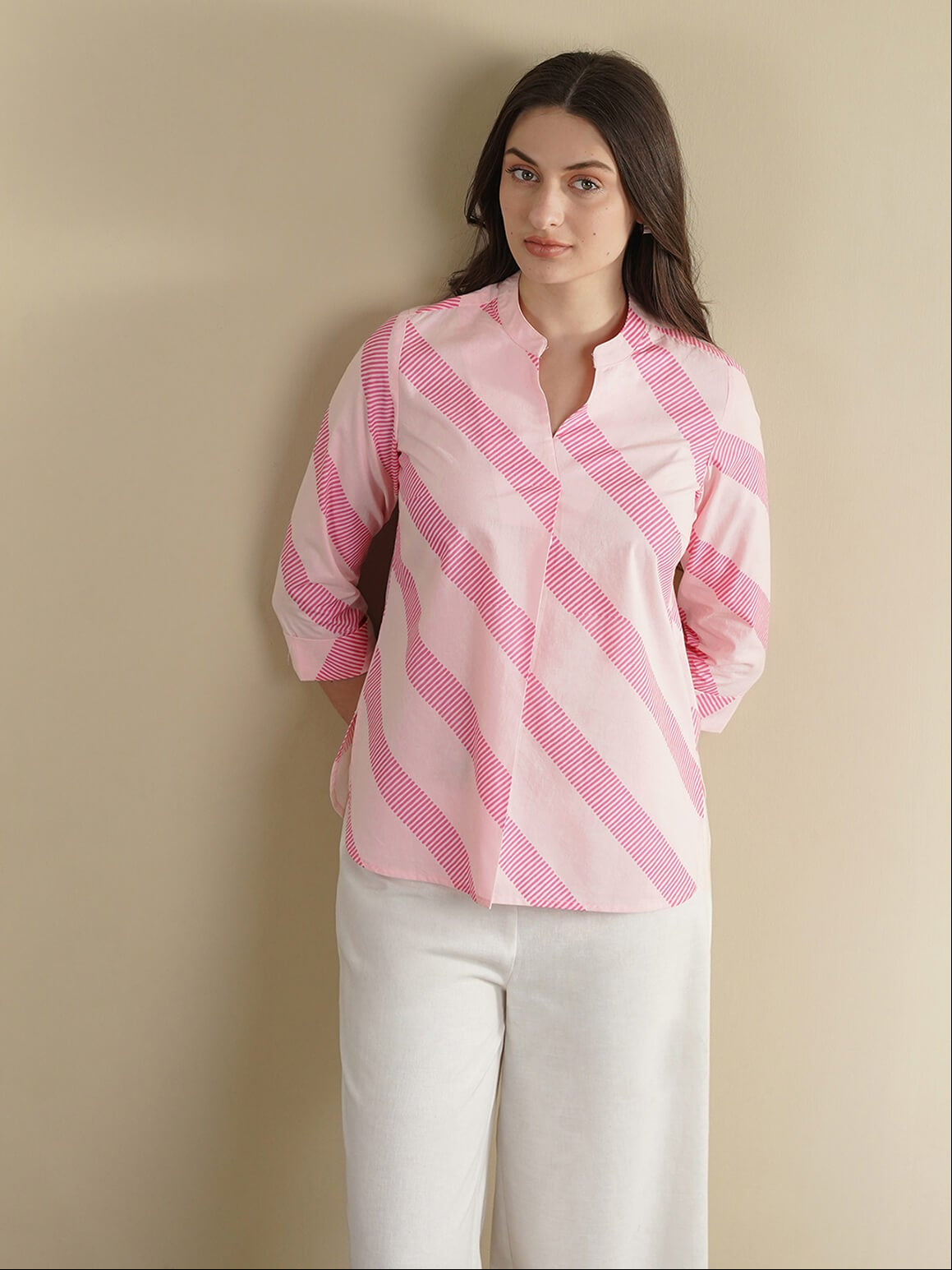 Cotton Striped Band Collar Top - Pink