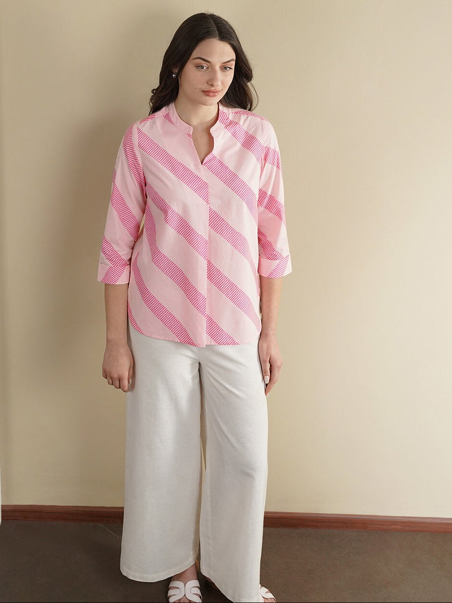 Cotton Striped Band Collar Top - Pink