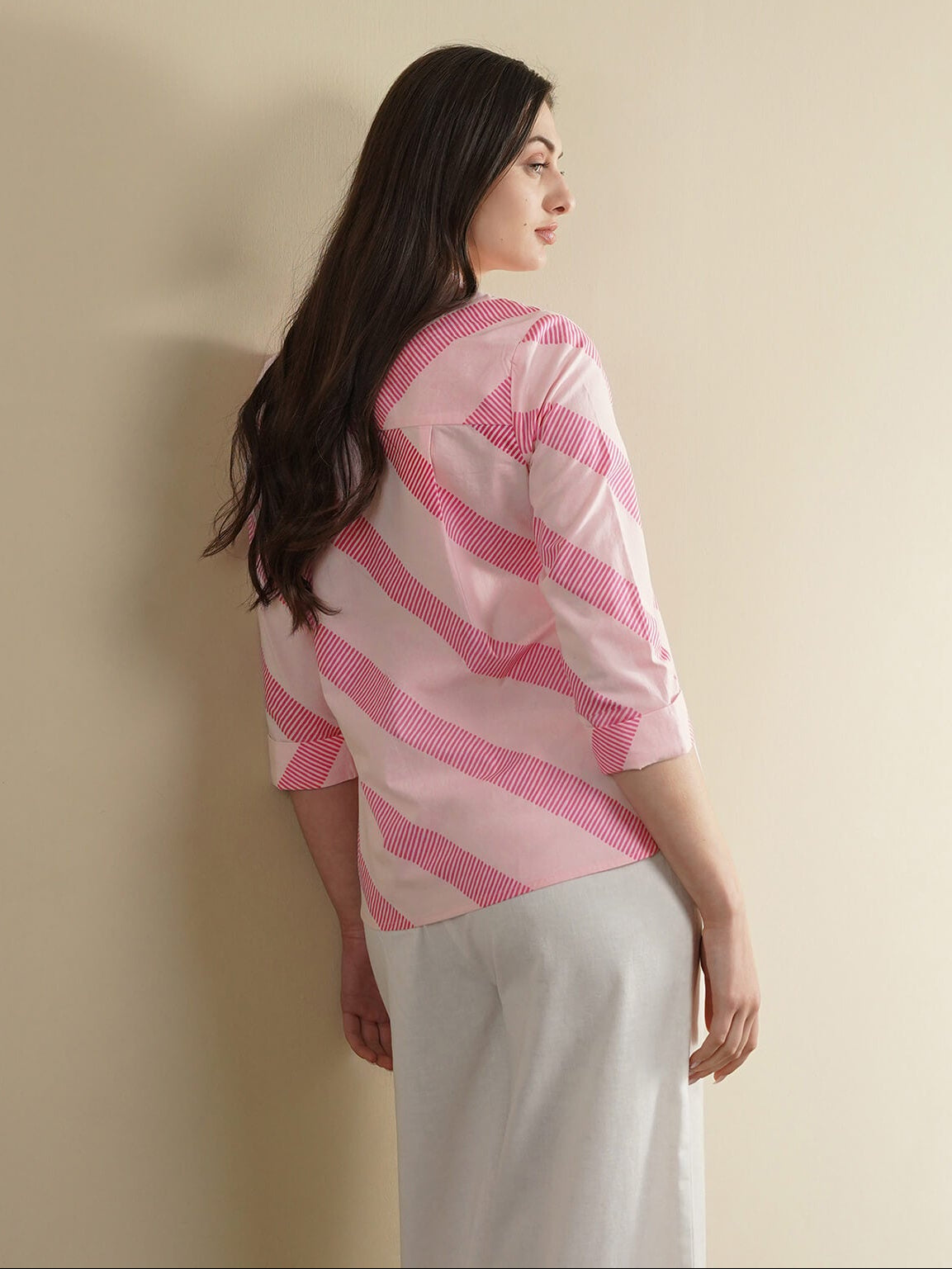 Cotton Striped Band Collar Top - Pink