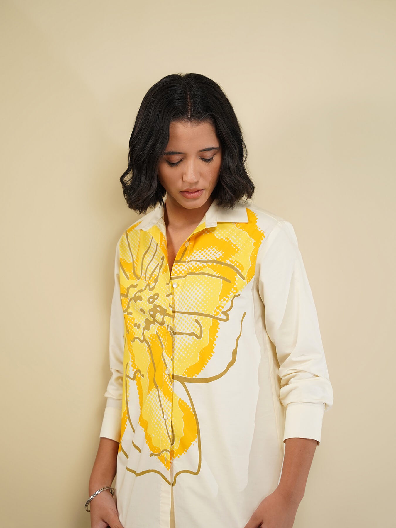 Cotton Placement Floral Shirt - Off White