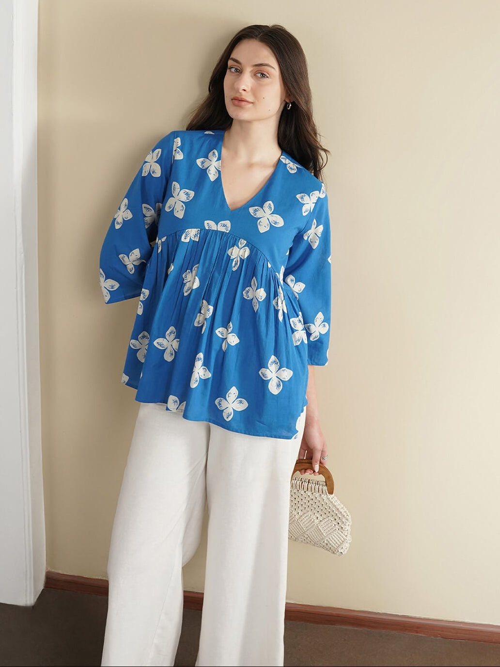 Cotton Floral Peplum Top - Blue