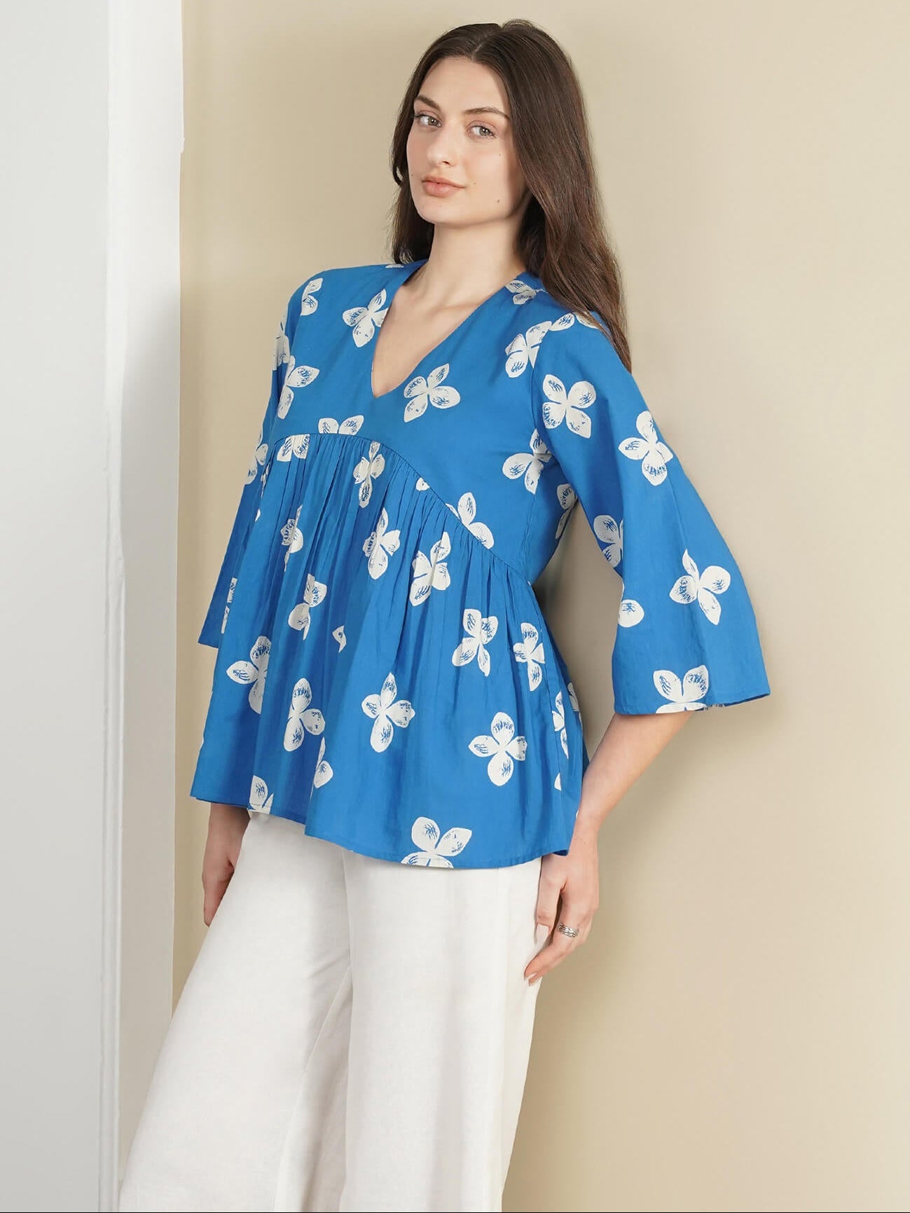 Cotton Floral Peplum Top - Blue