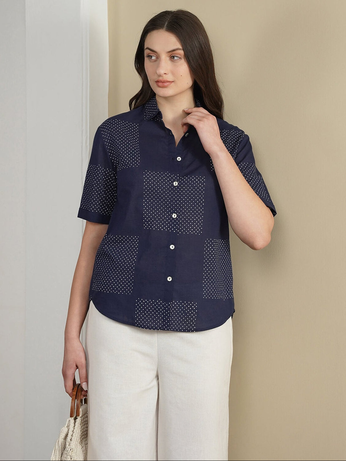 Cotton Geometric Shirt Style Top - Navy Blue