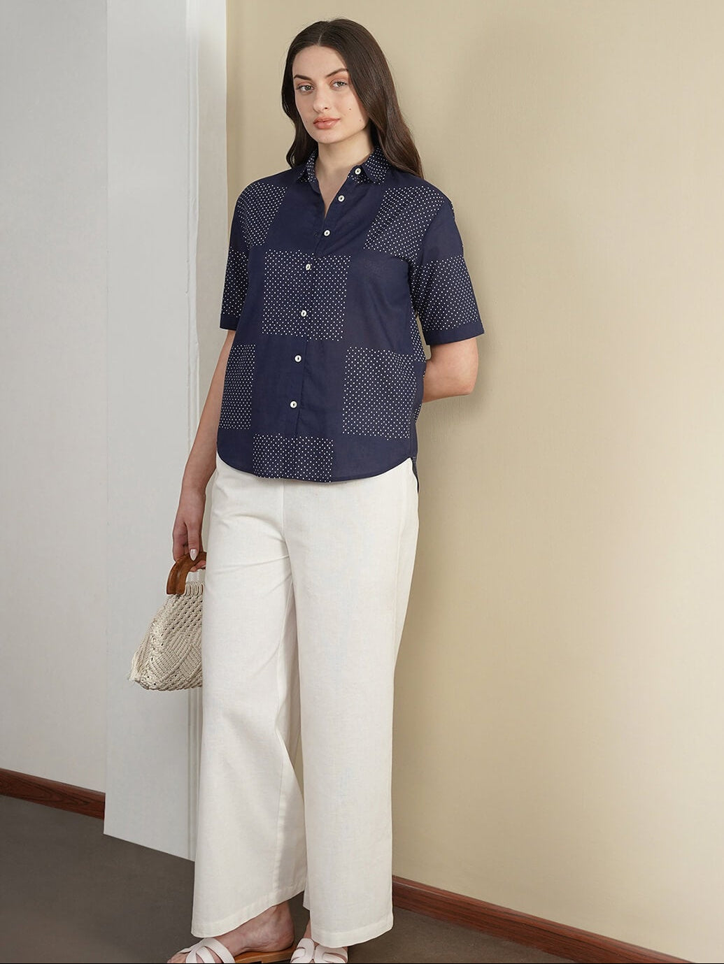 Cotton Geometric Shirt Style Top - Navy Blue