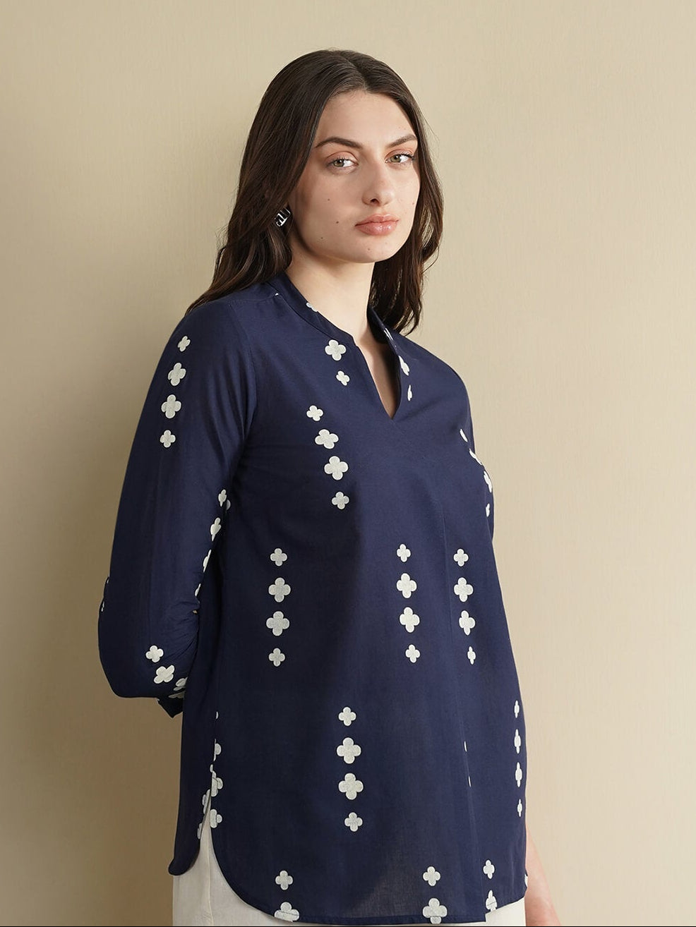 Cotton Geometric Band Collar Top - Navy Blue