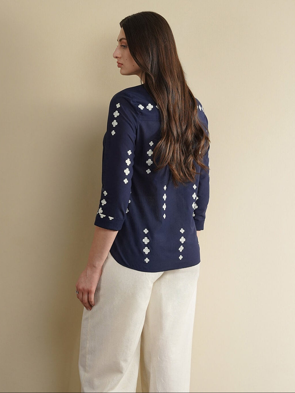 Cotton Geometric Band Collar Top - Navy Blue