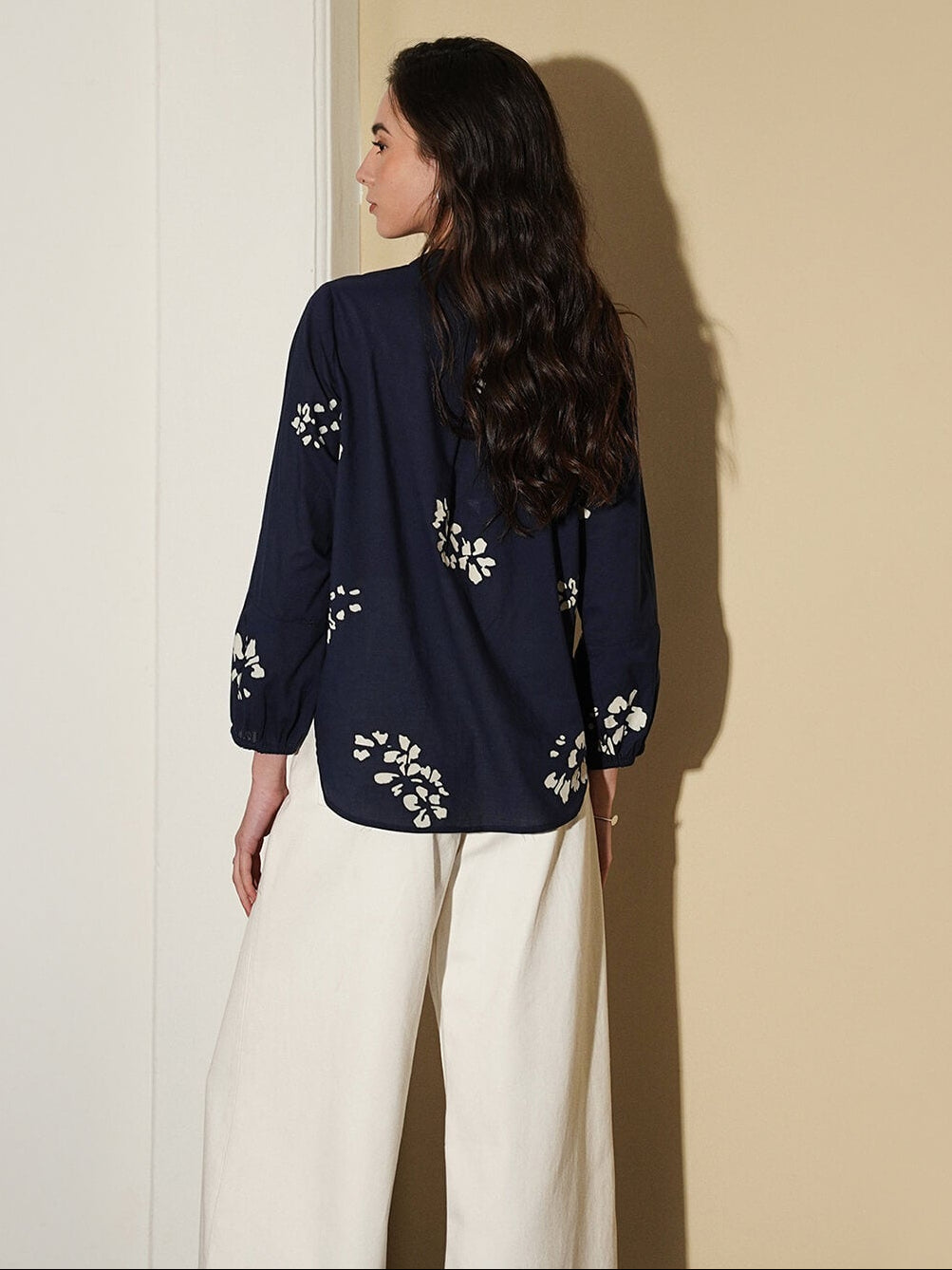Cotton Floral Band Collar Top - Navy Blue