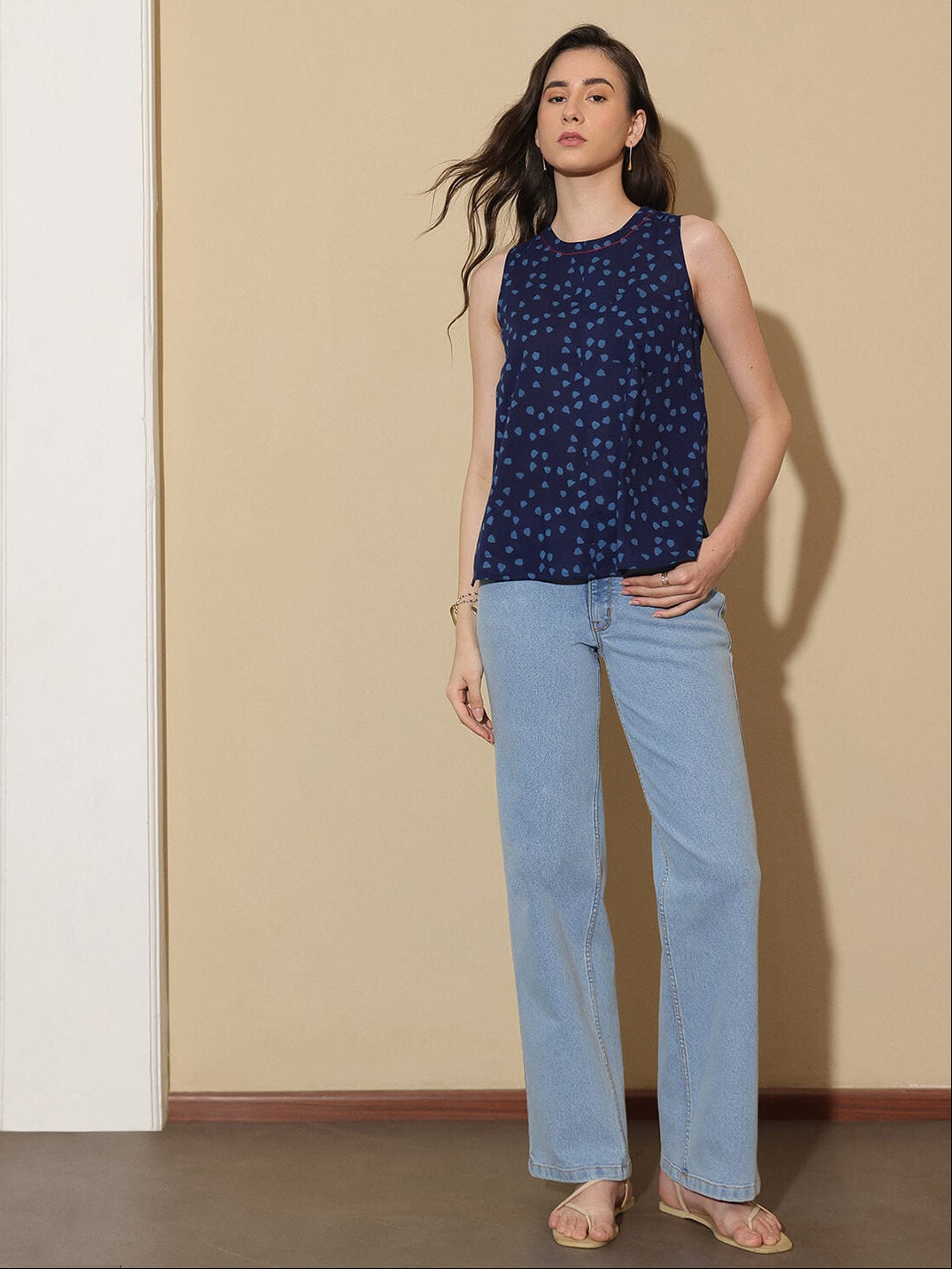 Cotton Geometric Round Neck Top - Blue
