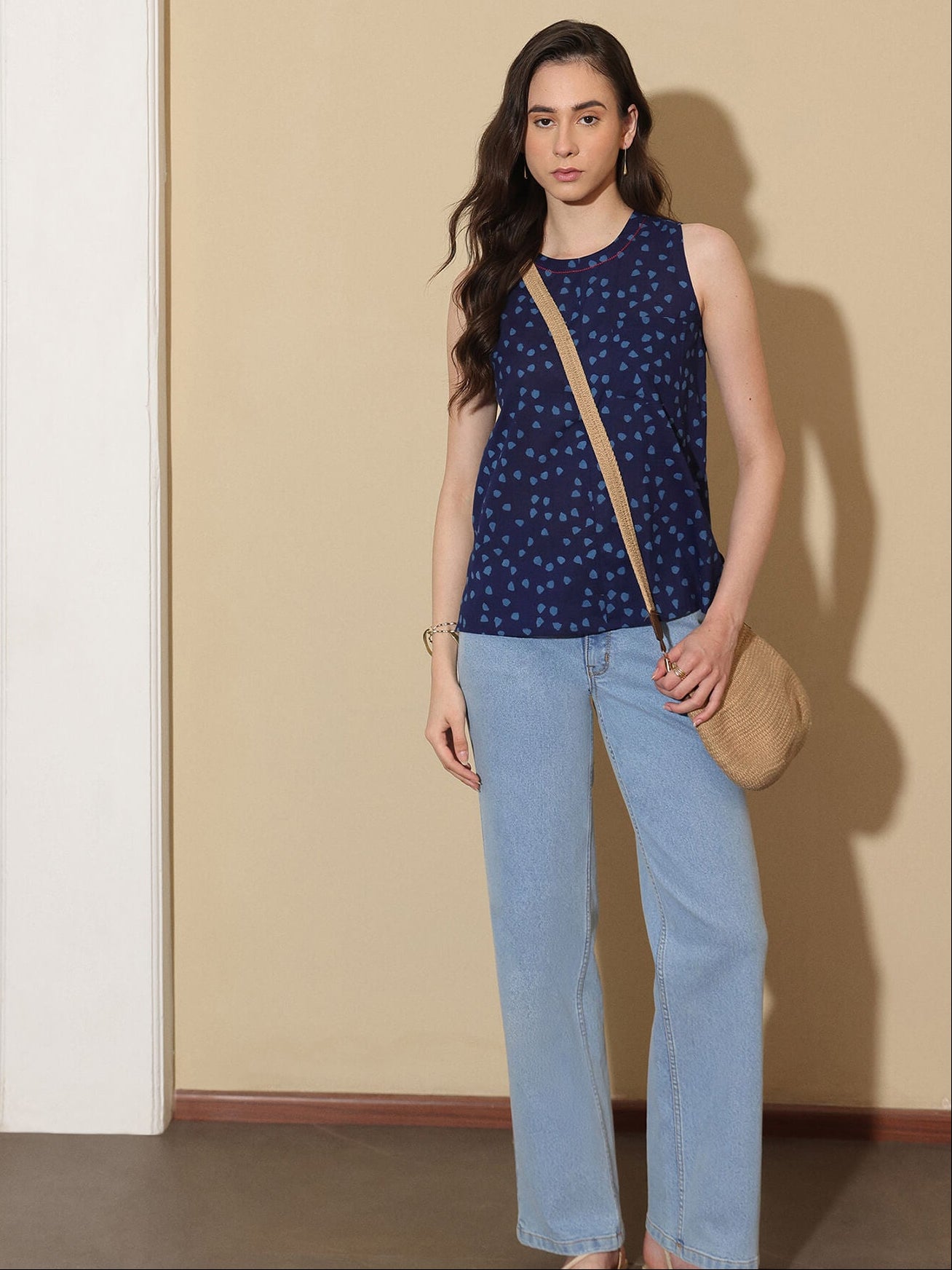 Cotton Geometric Round Neck Top - Blue