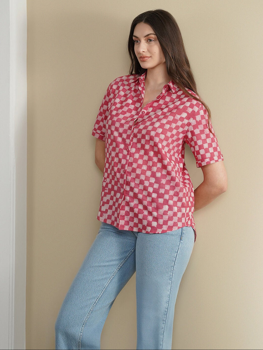 Cotton Dabu Checked Shirt - Pink