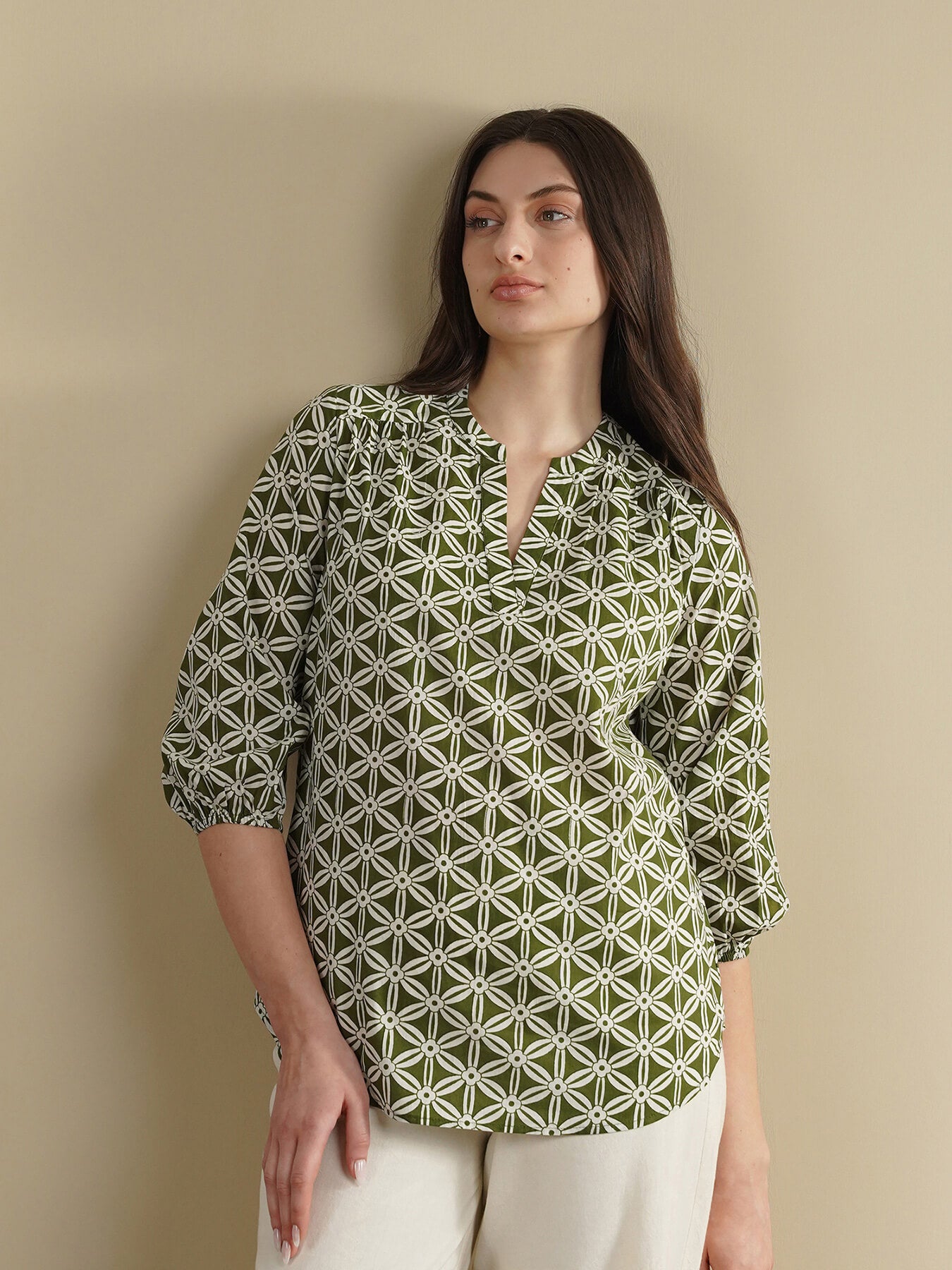 Cotton Geometric Band Collar Top - Olive