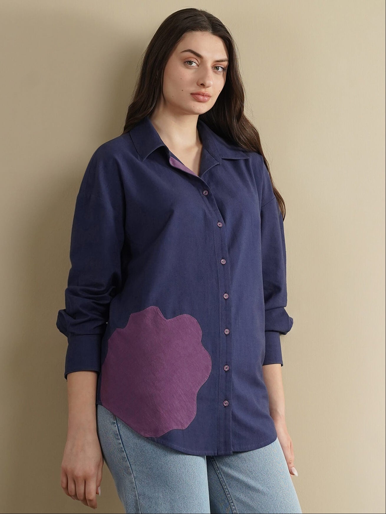 Linen Blend Solid Regular Shirt - Navy Blue