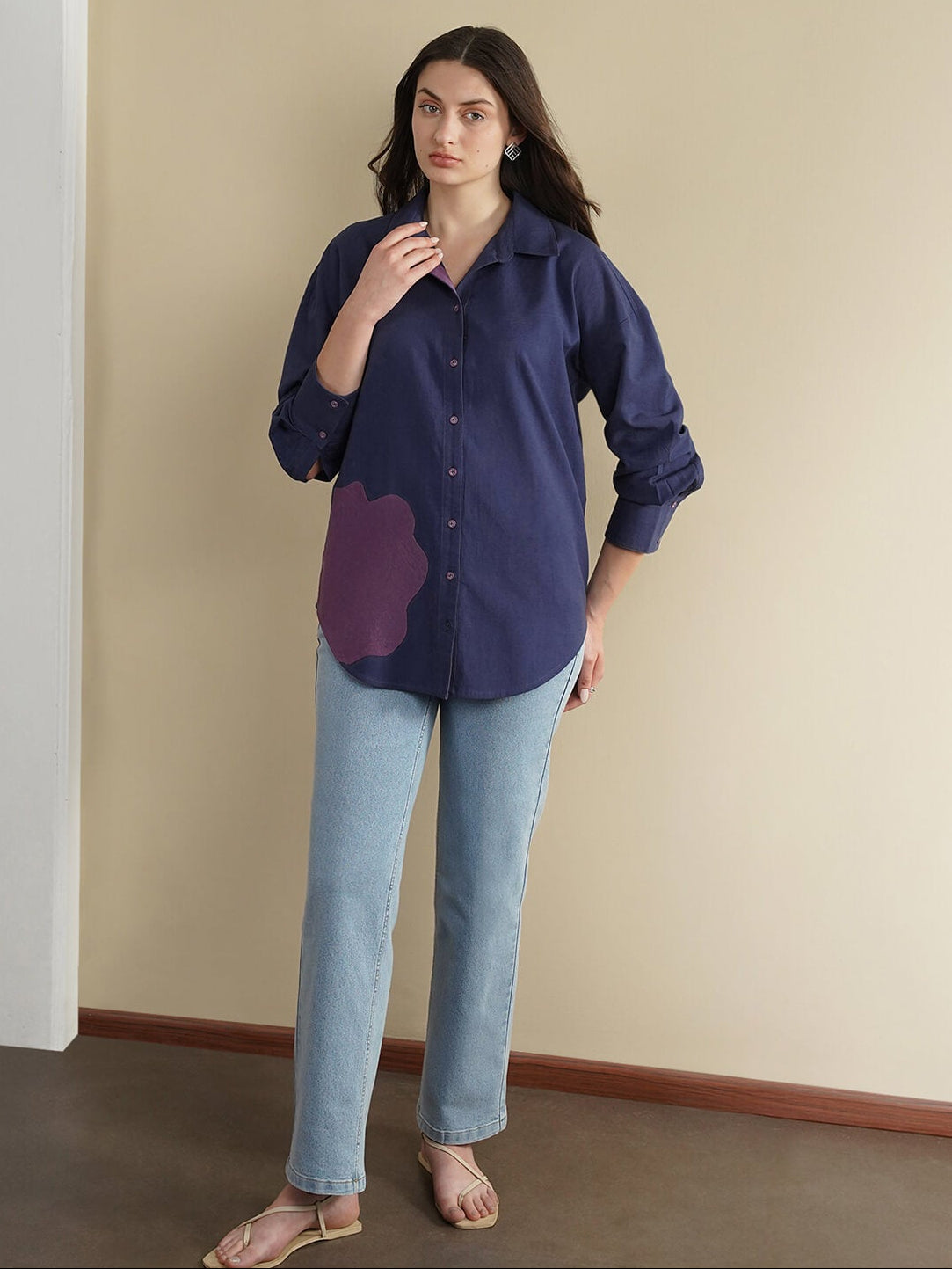 Linen Blend Solid Regular Shirt - Navy Blue