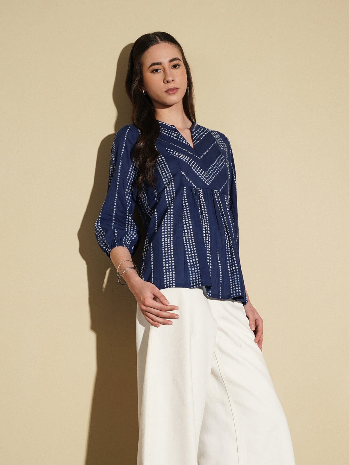 Cotton Polka Dots Peplum Top - Navy Blue