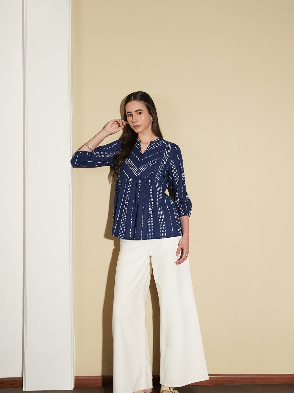 Cotton Polka Dots Peplum Top - Navy Blue