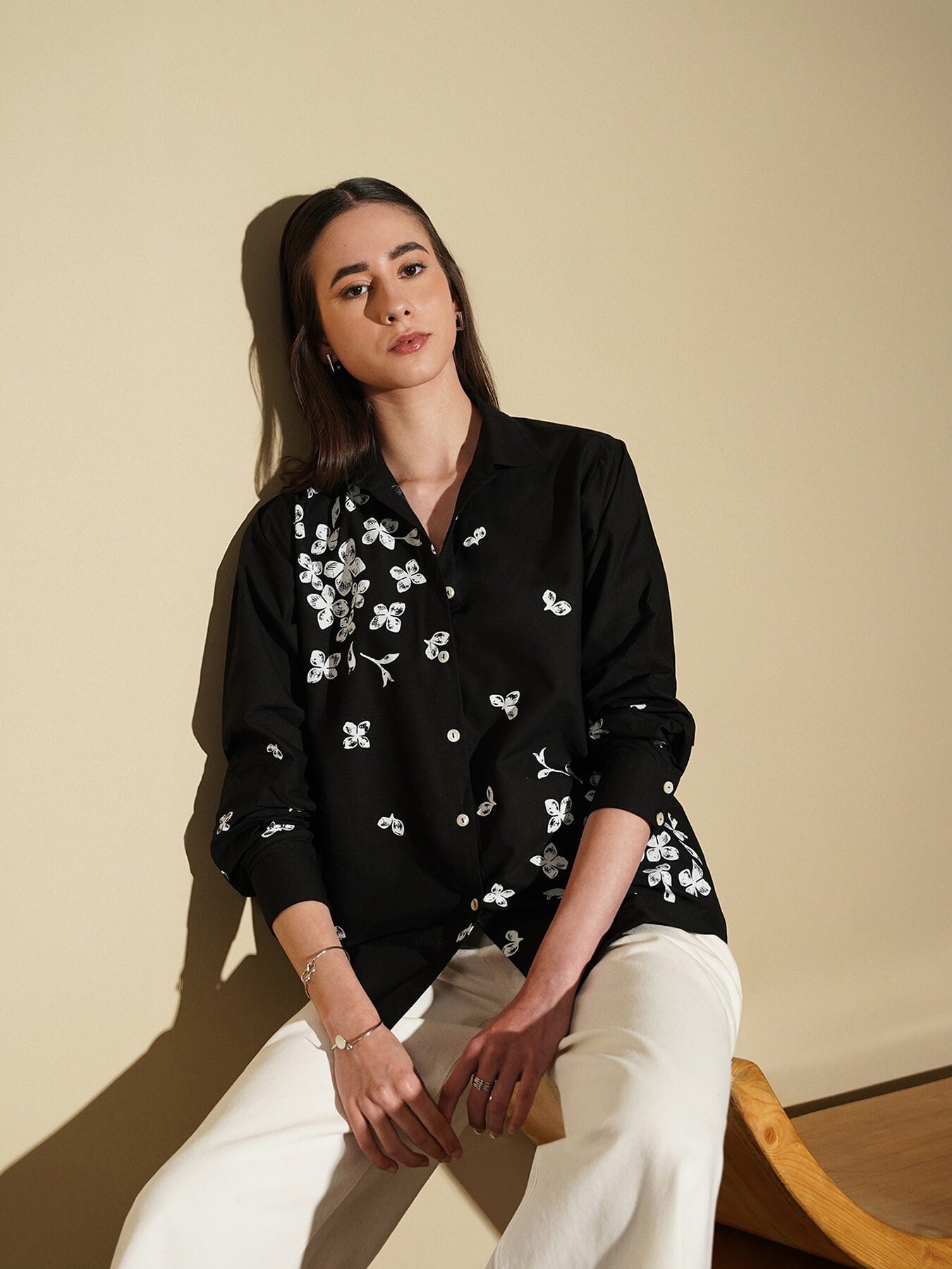 Cotton Floral Shirt - Black