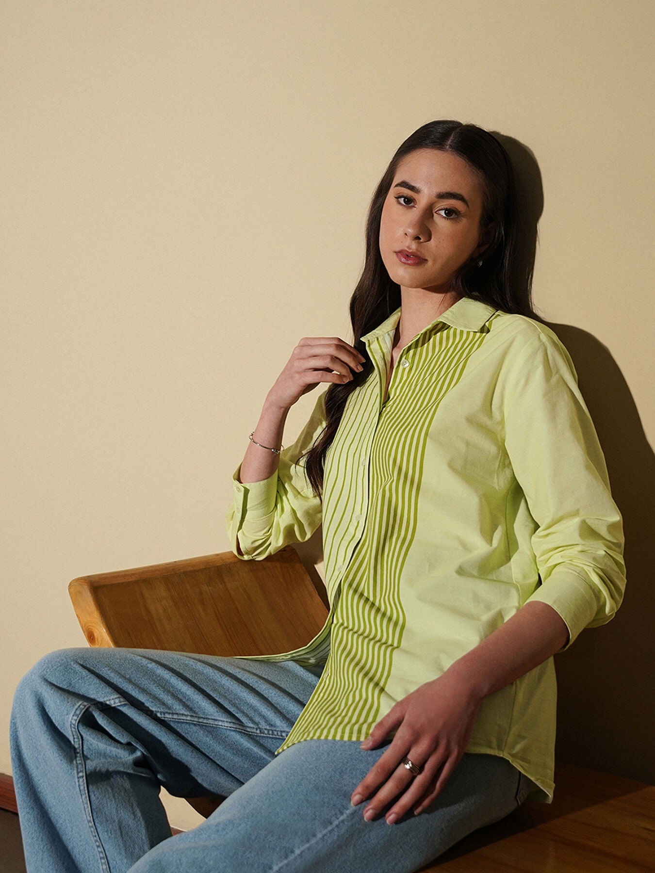 Cotton Placement Striped Shirt - Green