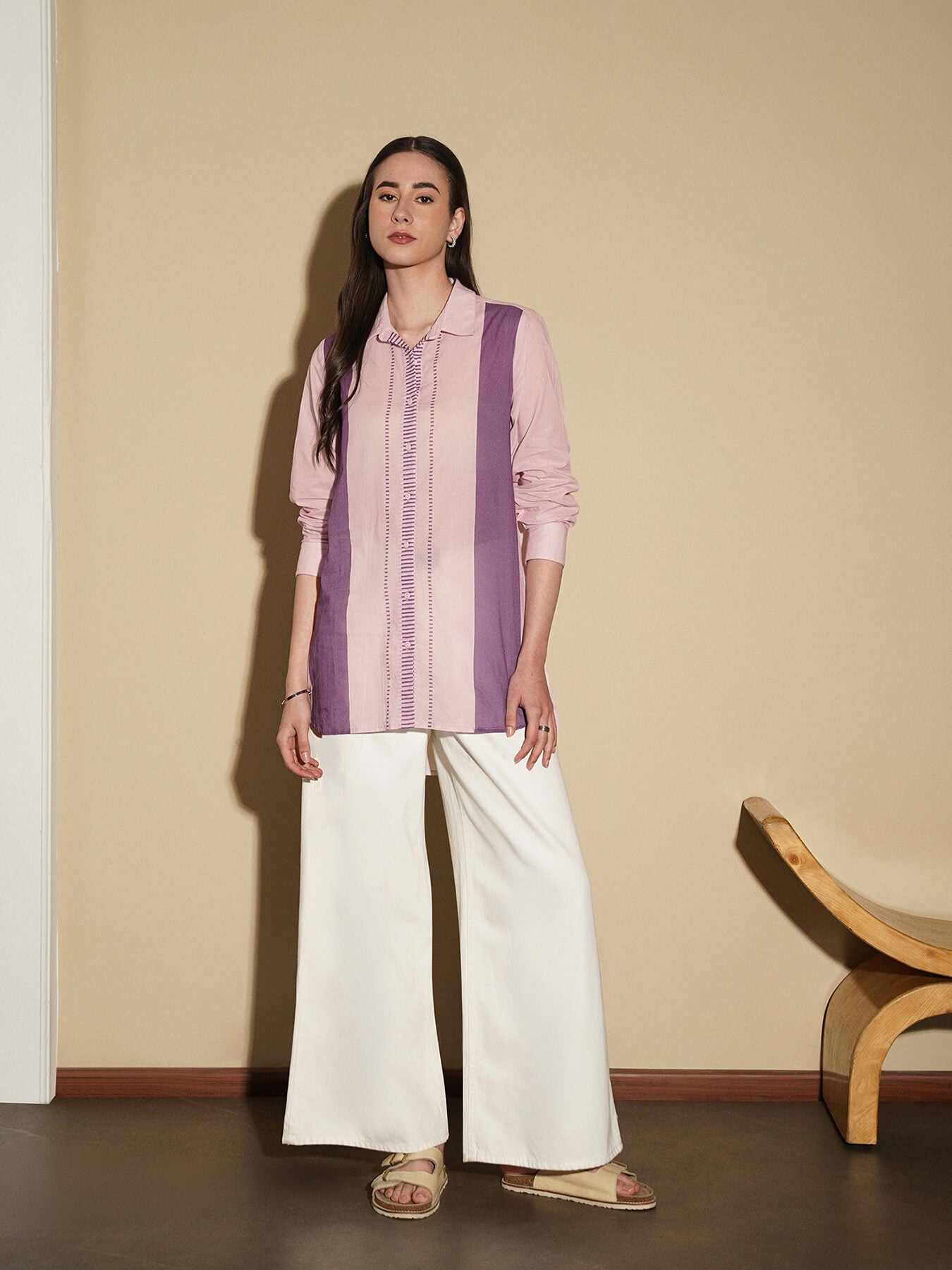 Cotton Placement Striped Shirt - Purple