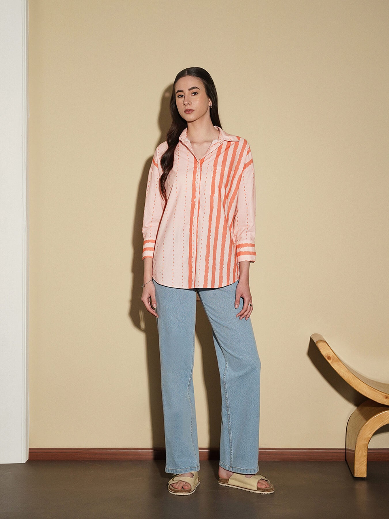 Cotton Placement Striped Shirt  - Peach