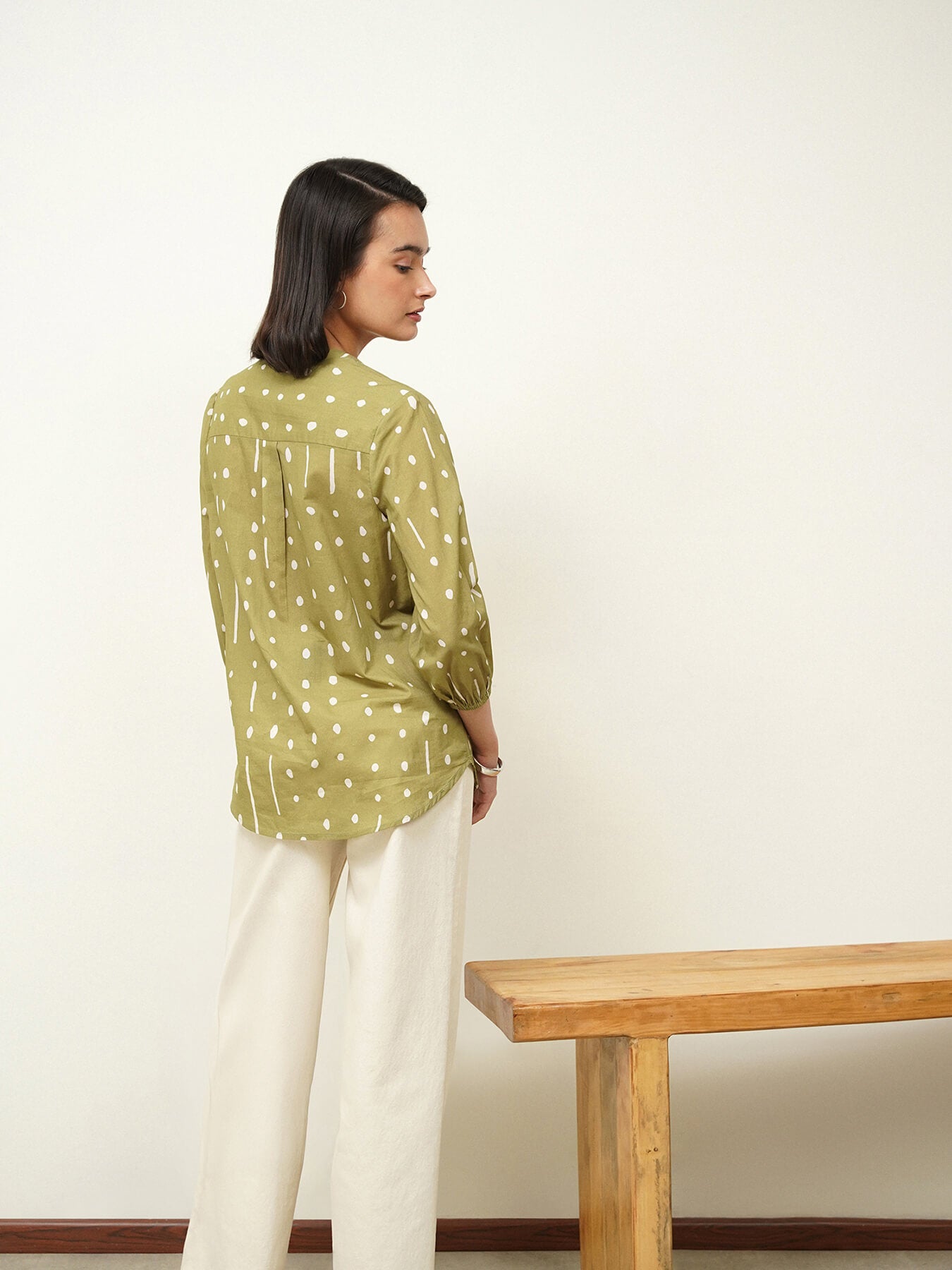 Cotton Polka Band Collar Top - Green