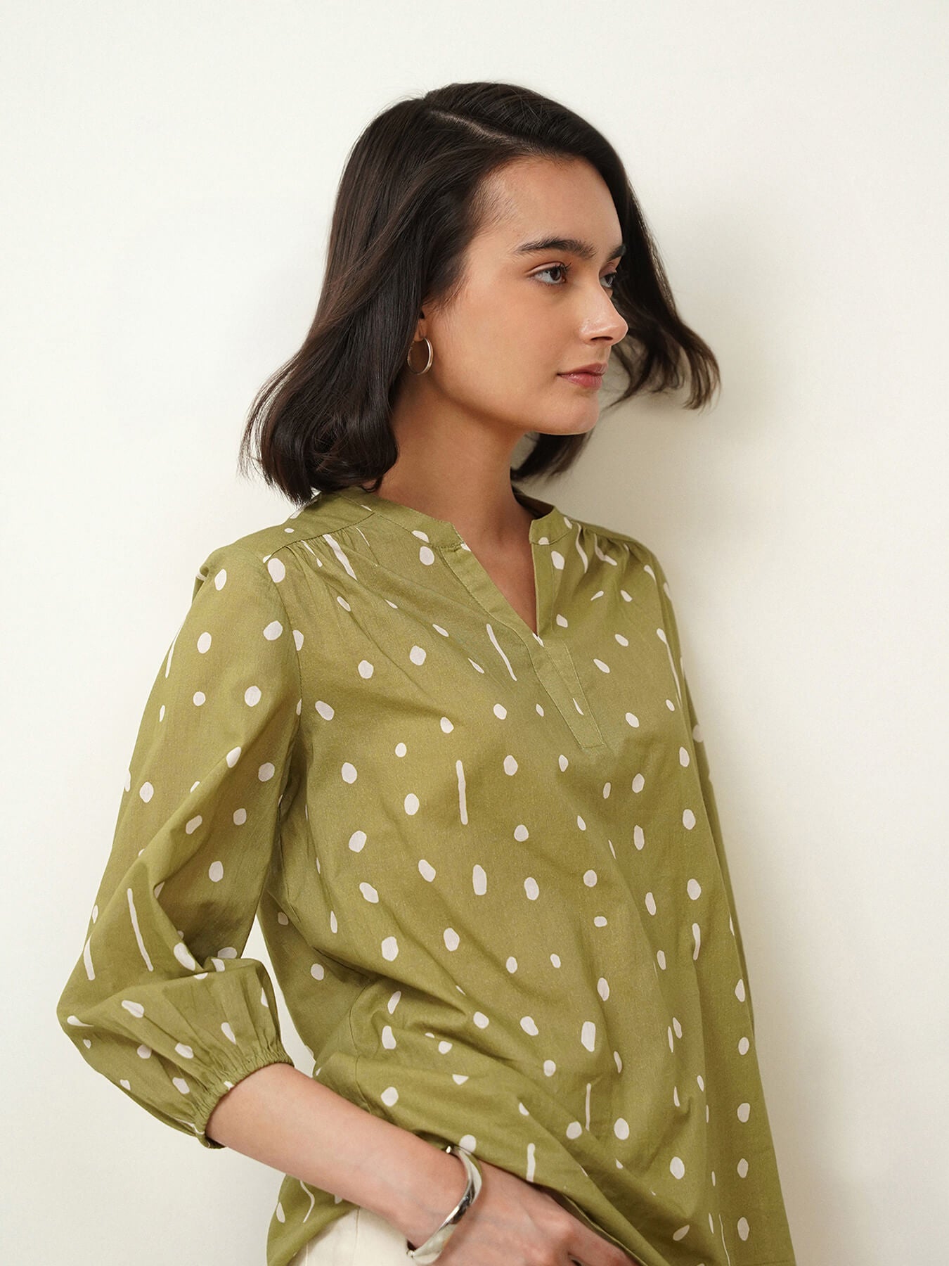 Cotton Polka Band Collar Top - Green