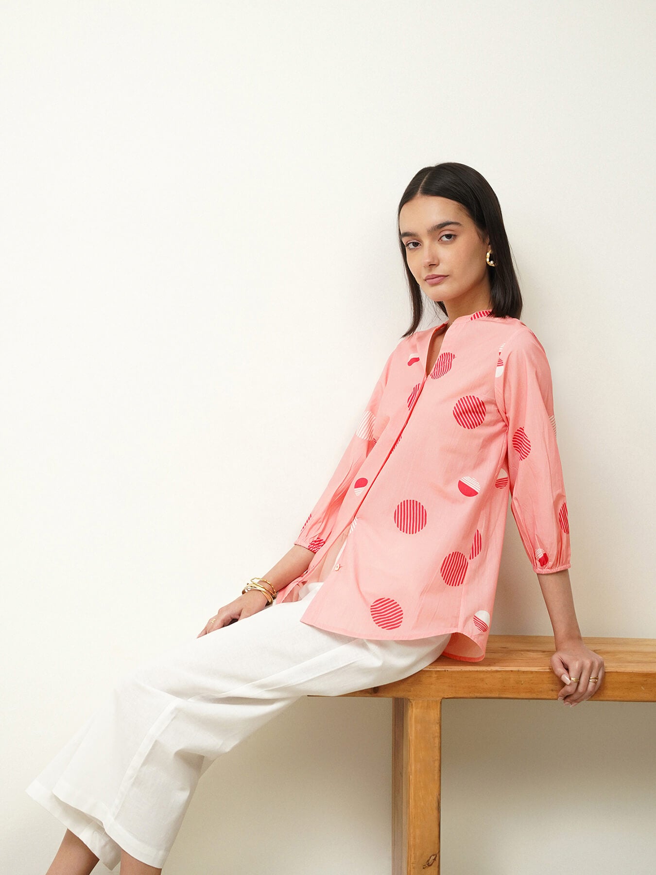 Cotton Polka Mandarin Collar Top - Pink
