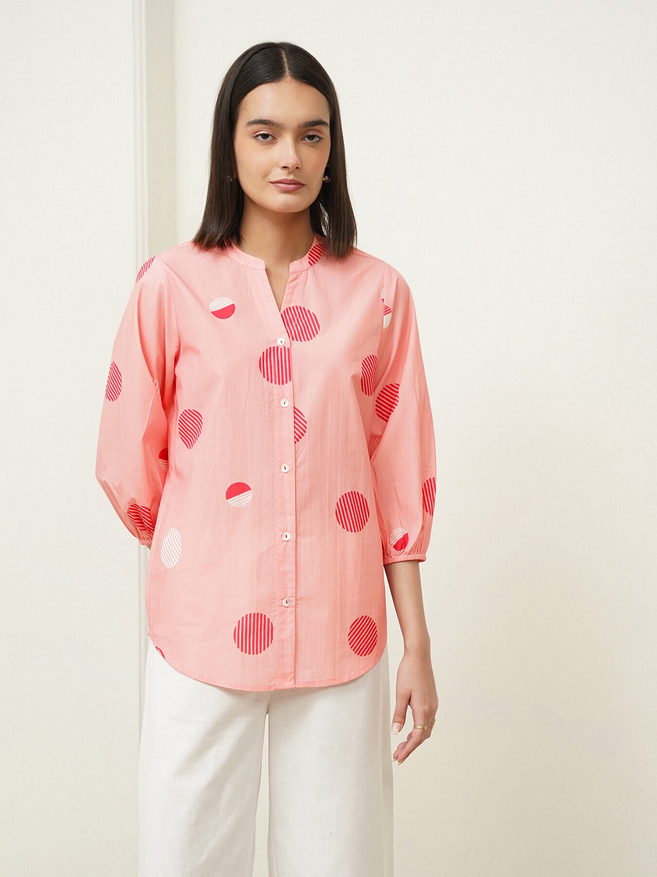 Cotton Polka Mandarin Collar Top - Pink