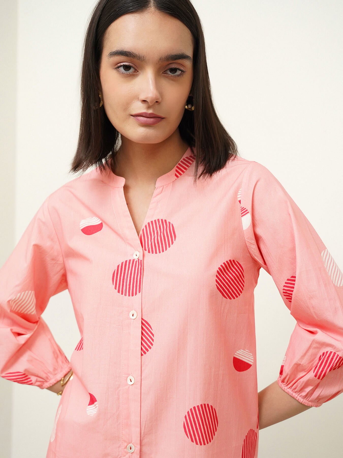 Cotton Polka Mandarin Collar Top - Pink