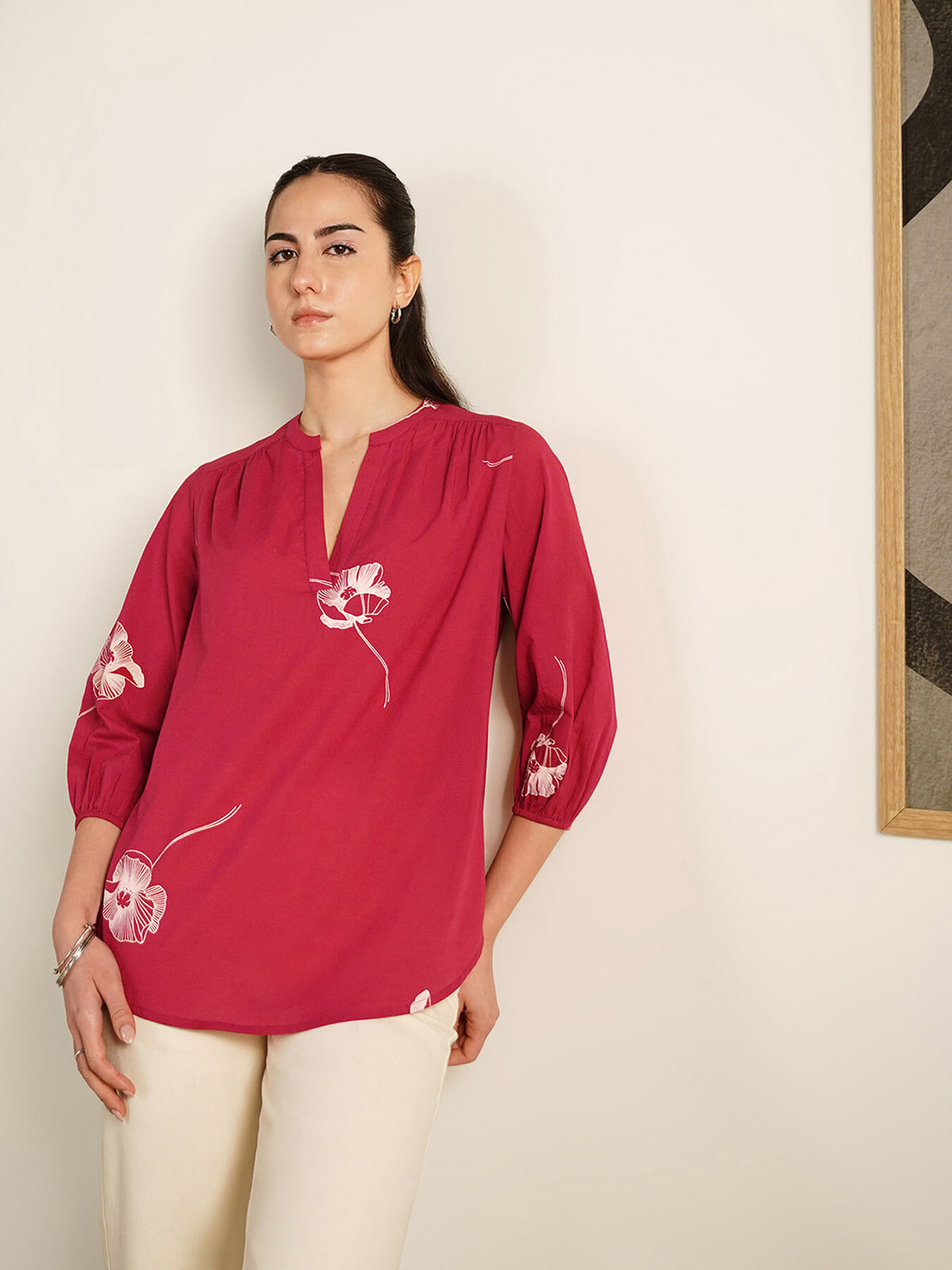 Cotton Floral Mandarin Collar Top - Red