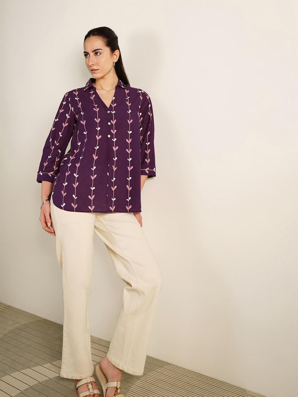 Cotton Floral Shirt Collar Top - Purple