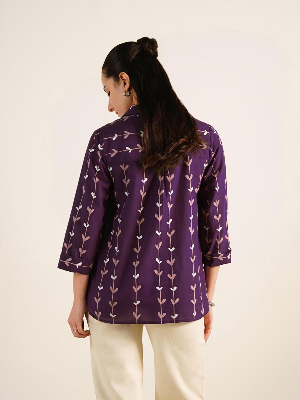 Cotton Floral Shirt Collar Top - Purple