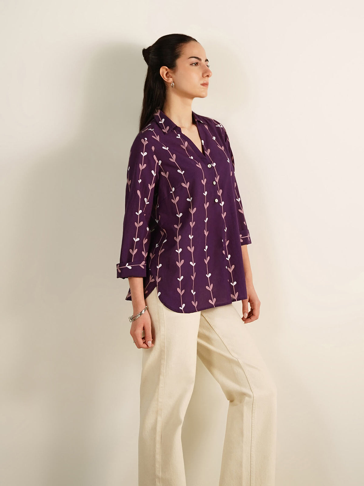 Cotton Floral Shirt Collar Top - Purple