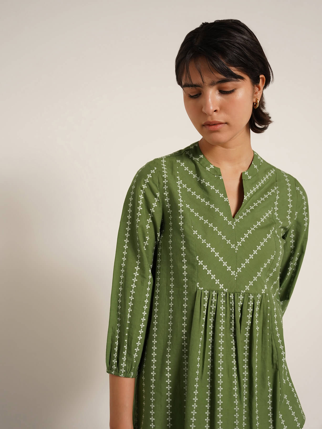 Cotton Ethnic Motif Mandarin Collar Top - Green