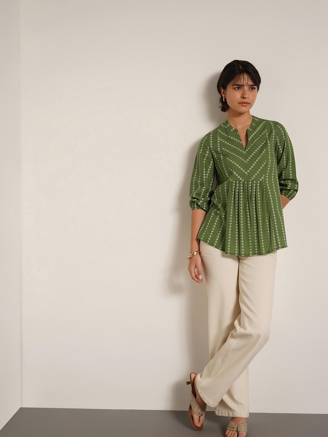 Cotton Ethnic Motif Mandarin Collar Top - Green