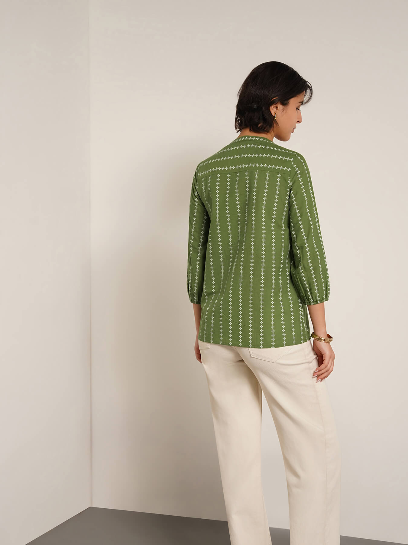 Cotton Ethnic Motif Mandarin Collar Top - Green