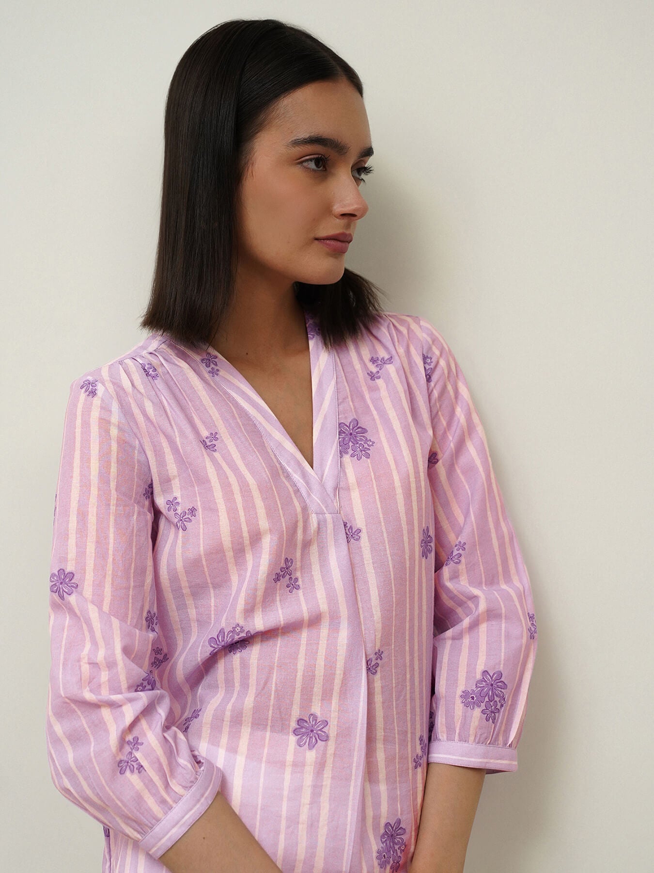 Cotton V-Neck Regular Top - Purple