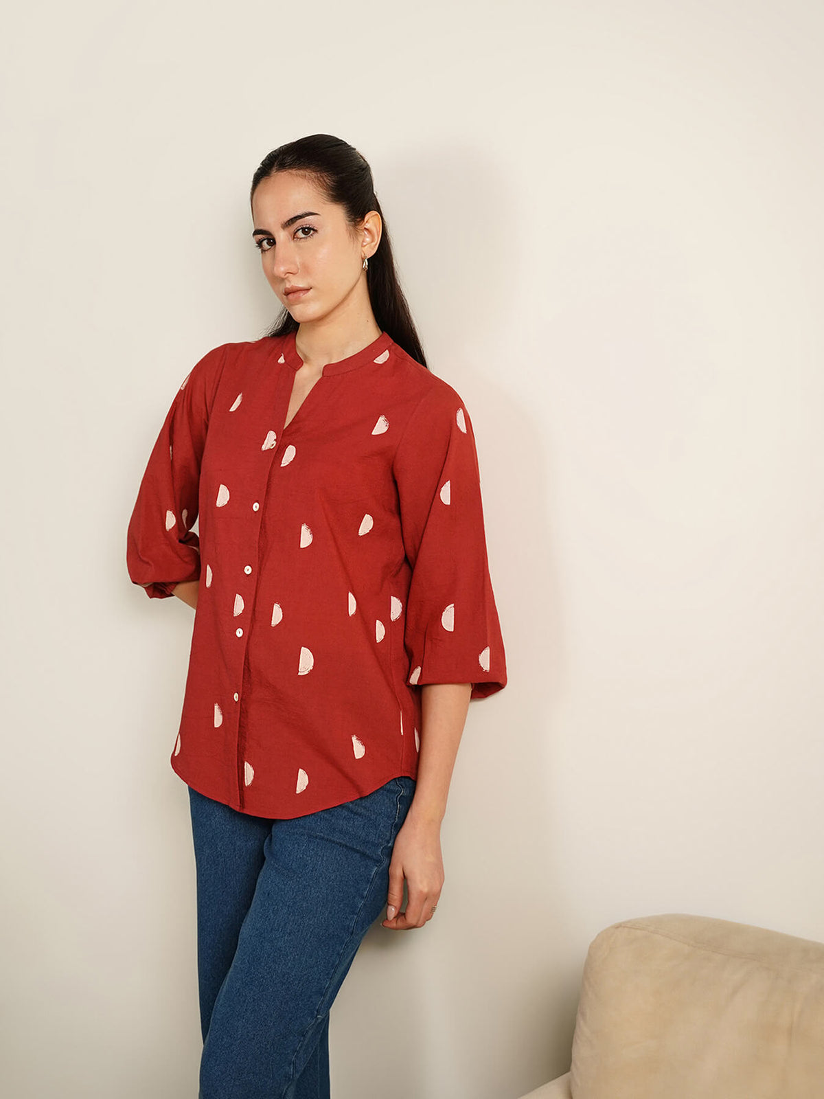 Cotton Geometric Print Regular Top - Maroon