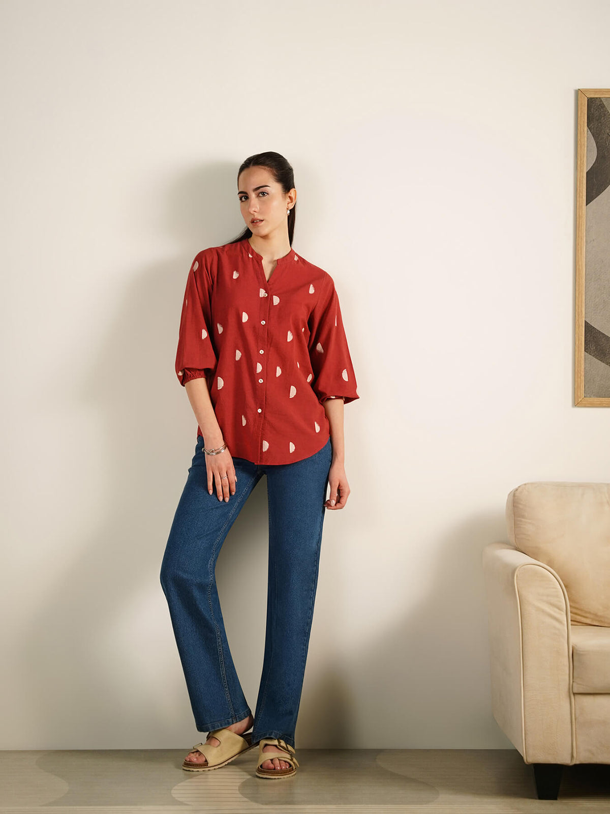 Cotton Geometric Print Regular Top - Maroon