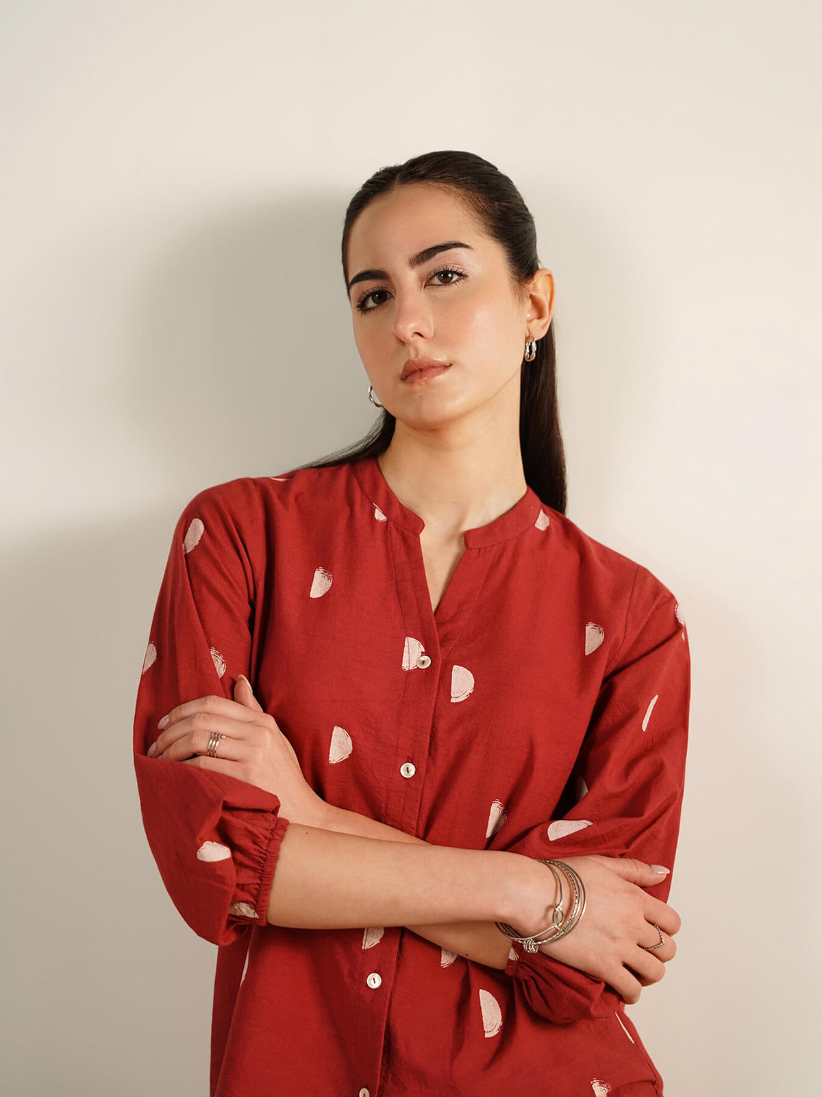 Cotton Geometric Print Regular Top - Maroon