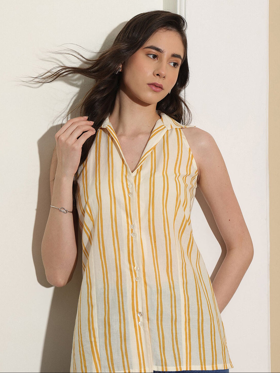 Cotton Striped Shirt Collar Top - Off White & Yellow
