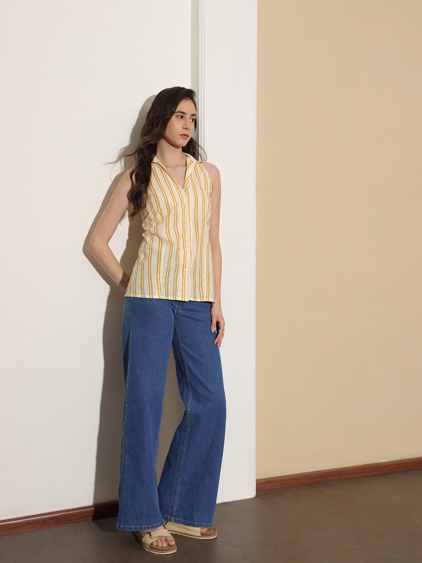 Cotton Striped Shirt Collar Top - Off White & Yellow