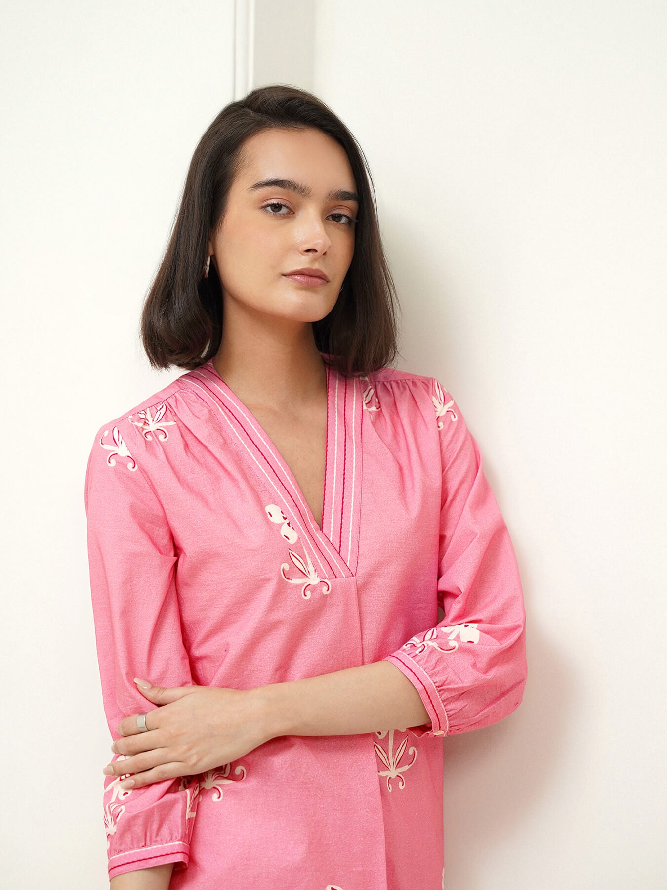Cotton Floral V-Neck Top - Pink