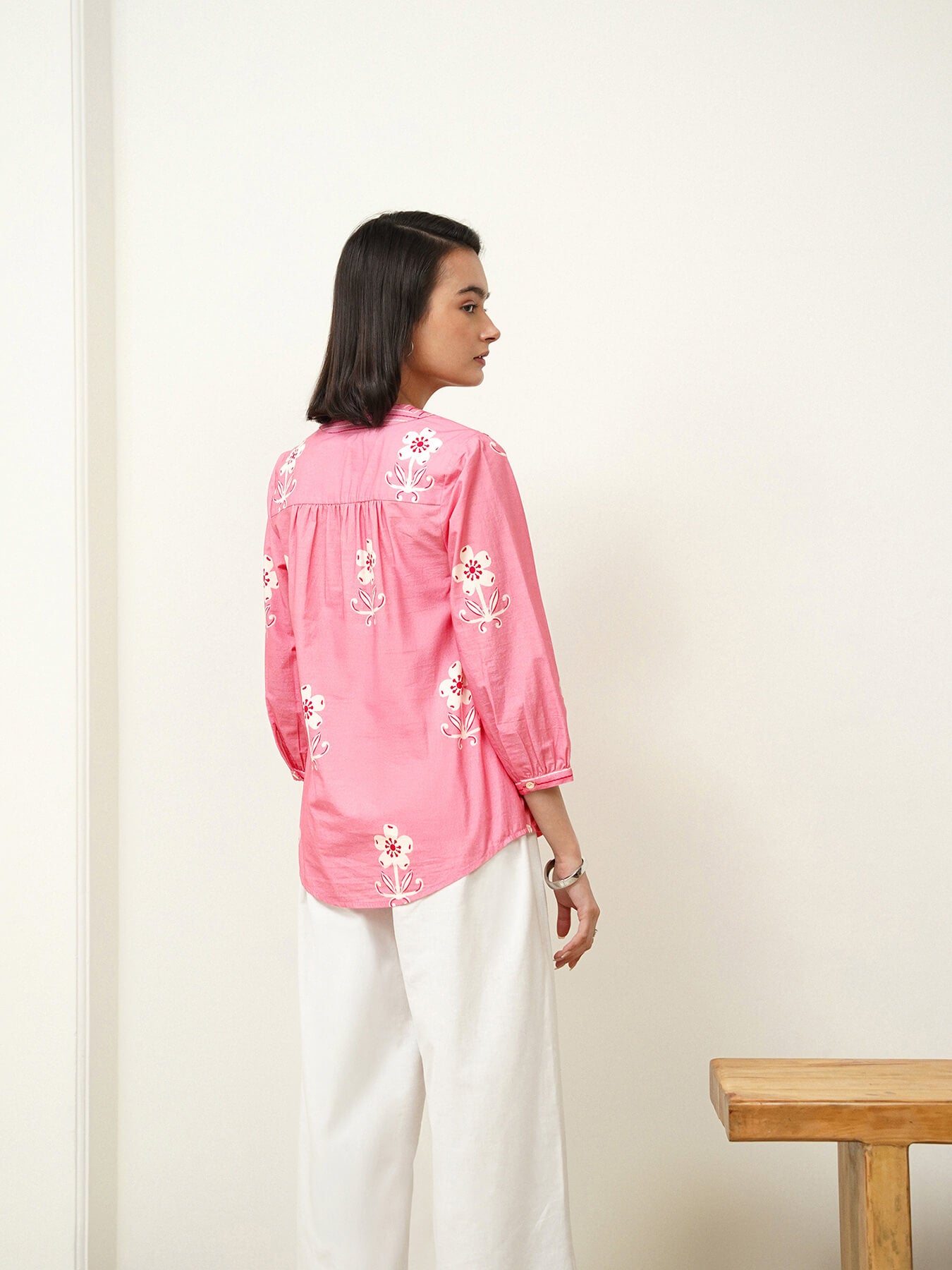 Cotton Floral V-Neck Top - Pink